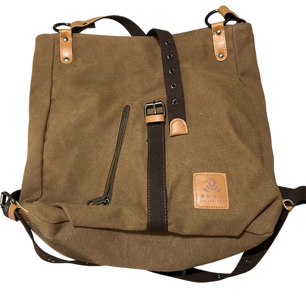 Fularuishi Brown Canvas Backpack with Leather Accents and Adjustable Straps
